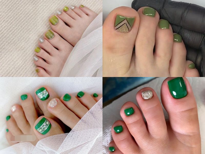 sơn móng chân xanh lá và kim tuyến