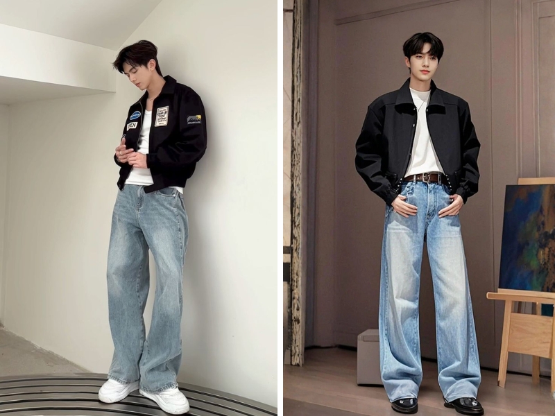 Phối áo đen với quần màu xanh demin nam