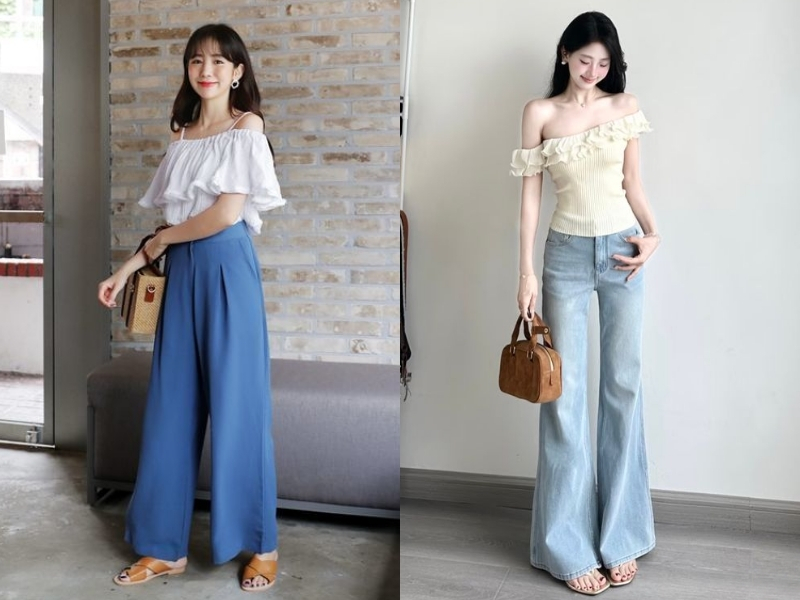 phối đồ áo trễ vai và quần ống rộng