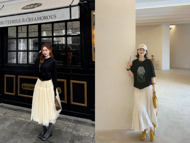 Outfit phối màu kem với màu đen