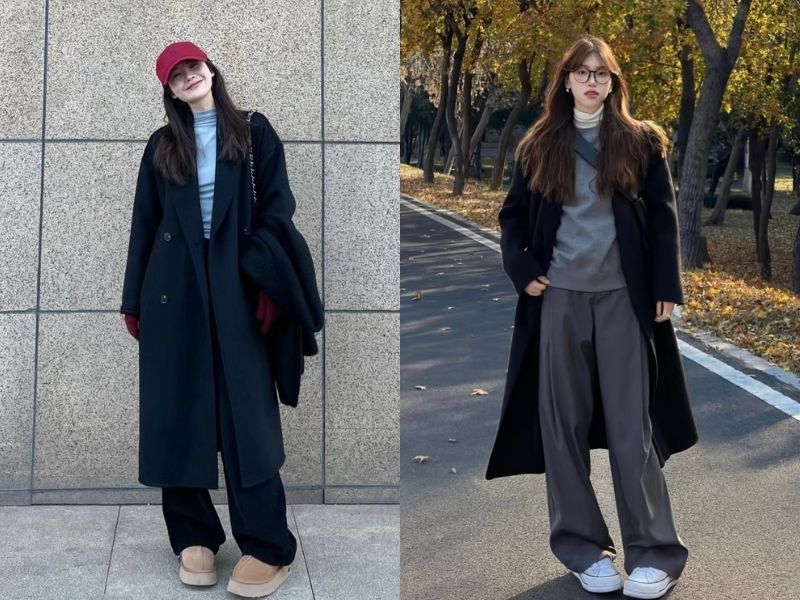Trench coat phối áo cổ lọ và quần ống rộng