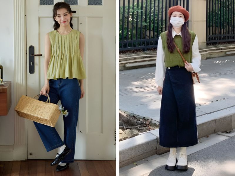 Phối áo xanh bơ với quần hoặc chân váy jean xanh đậm 