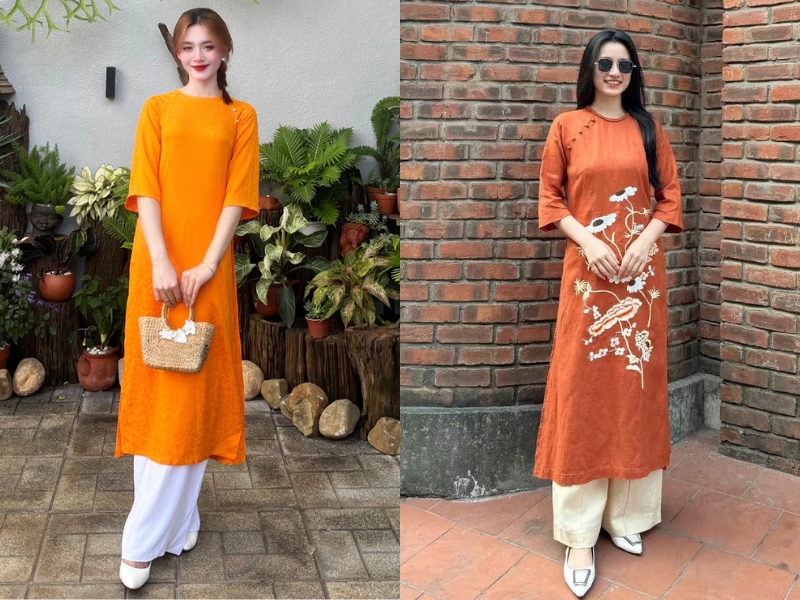 Phong cách áo dài cam kết hợp quần trắng