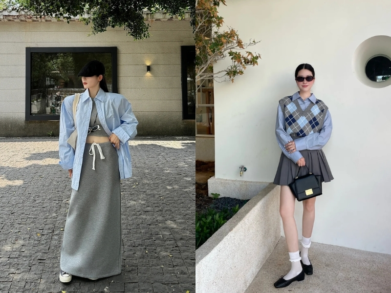 Chân váy xám phối áo xanh dương hiện đại