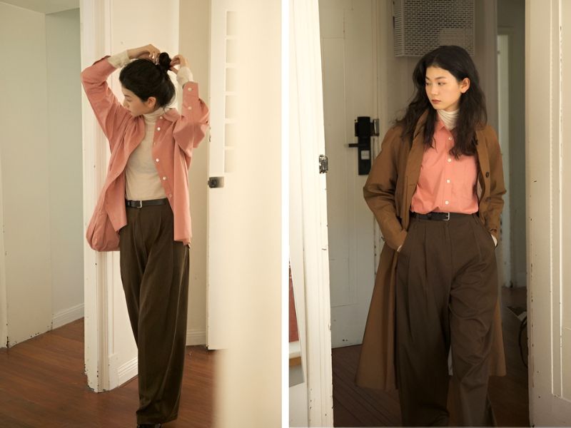 Phối áo hồng và quần nâu cho mùa thu đông