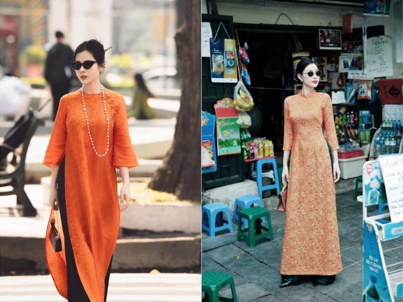 phối áo dài màu cam với quần đen