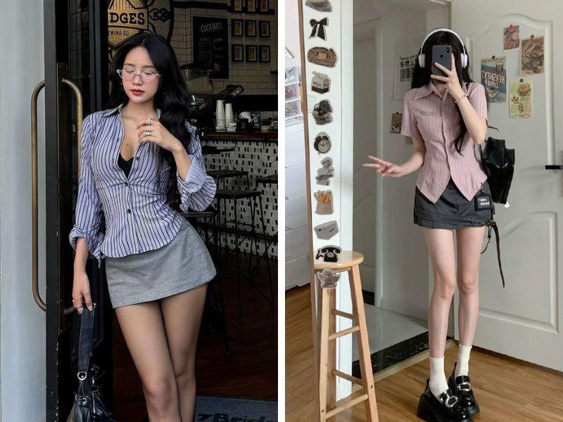 áo sơ mi và chân váy chữ a ngắn