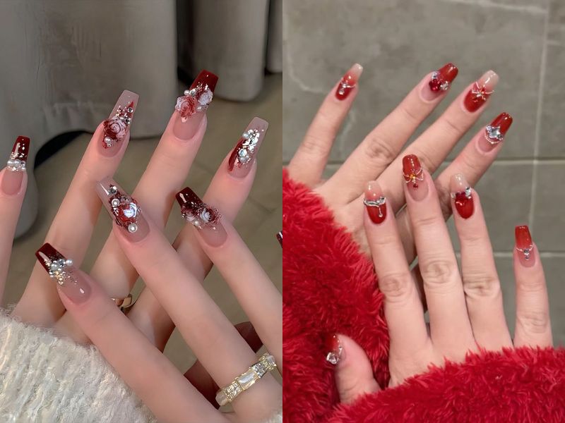 nail đính đá sang trọng màu đỏ