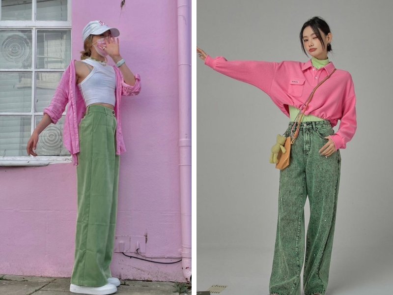 Quần jeans xanh rêu ống rộng có ánh kim nhẹ phối, áo thun hồng croptop tay dài