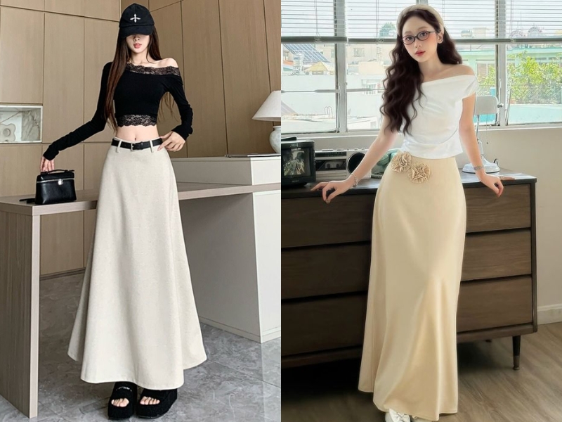 phối áo trễ vai và chân váy dài