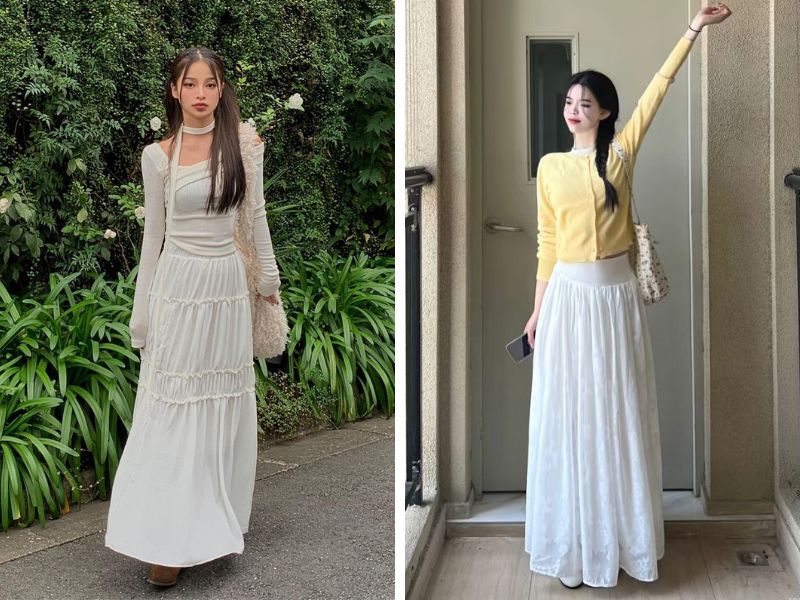 chân váy xòe dài trắng