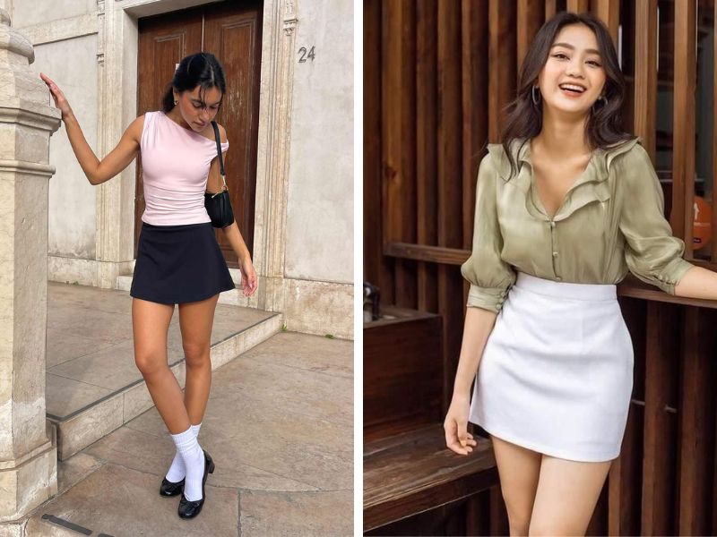 áo trễ vai hoặc áo blouse phối chân váy chữ a ngắn