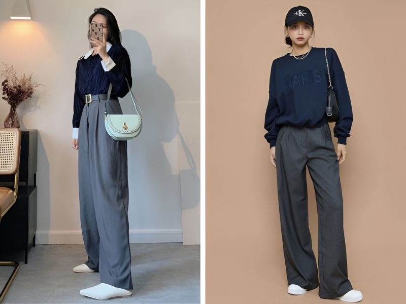 Phối áo xanh đậm và quần màu xám