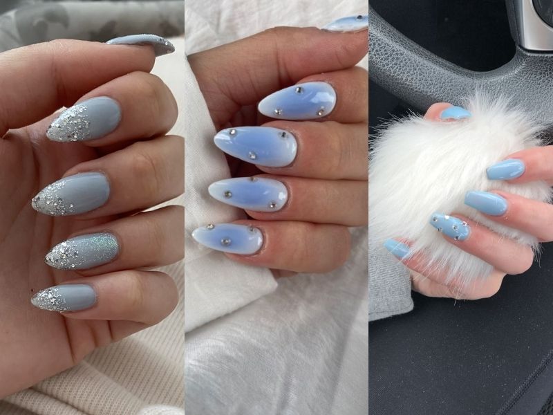 nail xanh nhạt đính đá