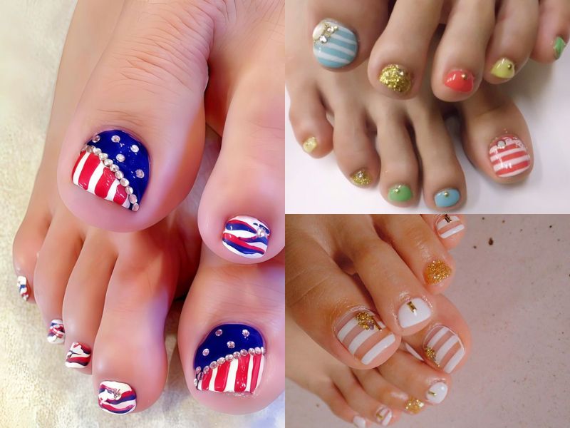 móng chân kẻ sọc đính đá