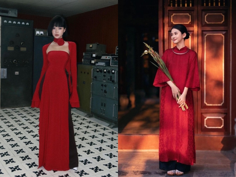 phối áo dài đỏ với quần đen