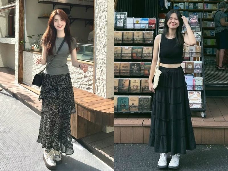 chân váy midi phối áo thun, croptop