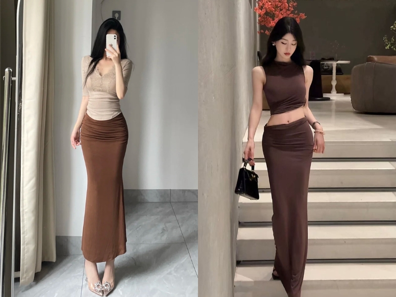 Croptop cùng chân váy nâu