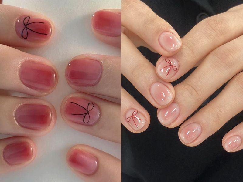 nail hồng sơn thạch đơn giản vẽ nơ