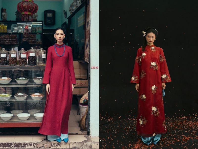 Áo dài đỏ đậm