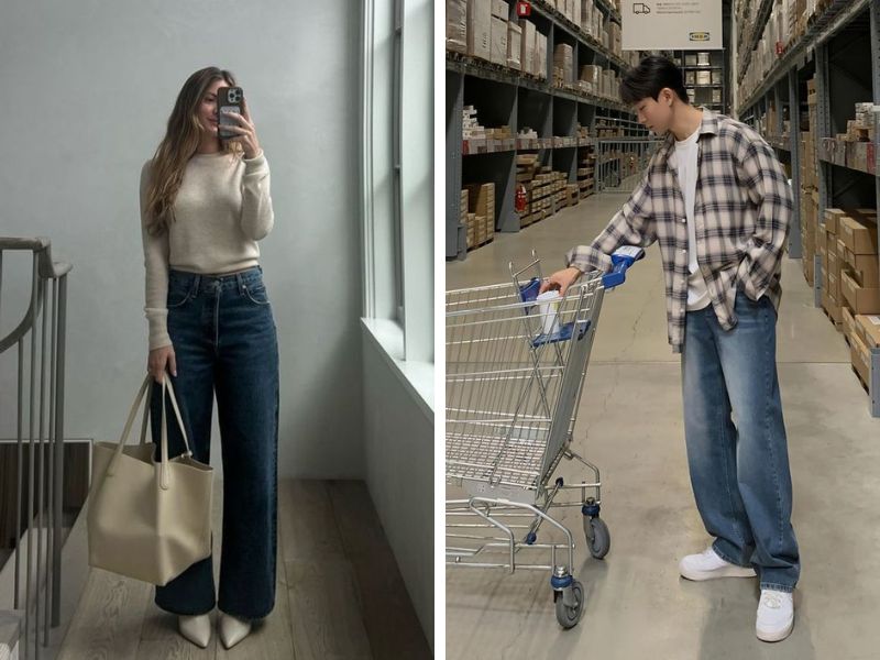 áo len hoặc áo sơ mi kẻ caro và quần jean ống suông