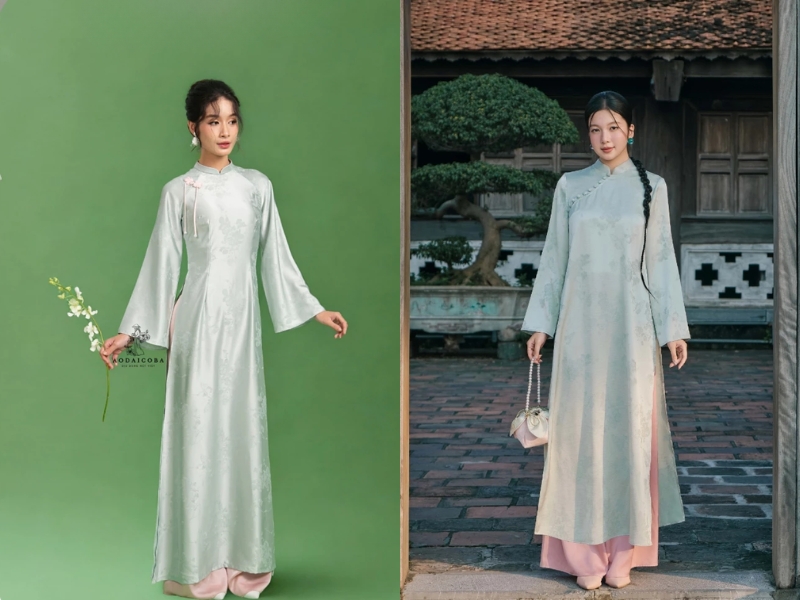phối áo dài kết hợp xanh ngọc và quần màu hồng 