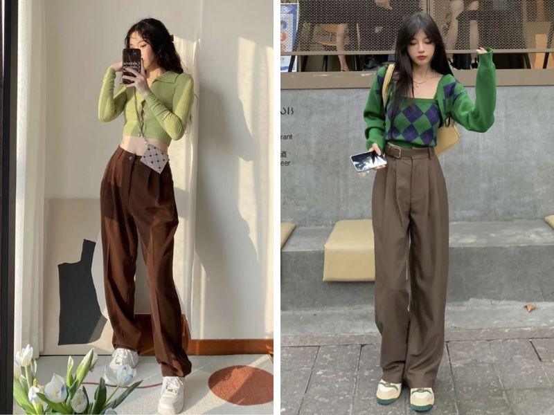 Phối áo xanh lá tay dài và quần màu nâu