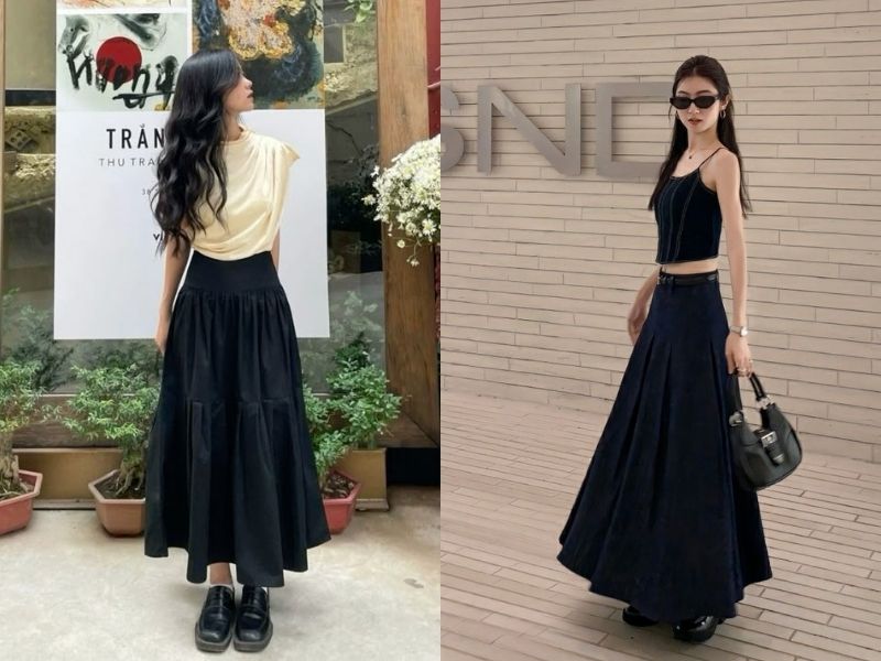 Chân váy midi phối áo kiểu, áo hai dây
