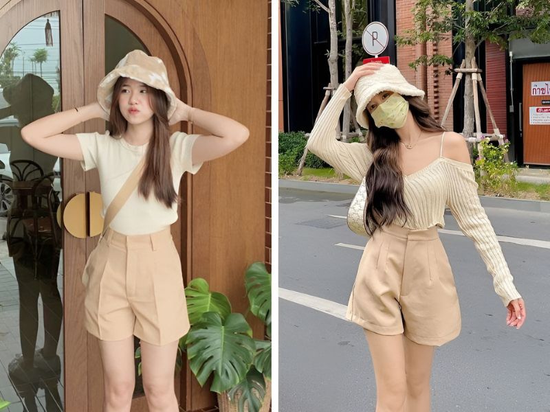 Phối áo màu kem và quần short màu kem
