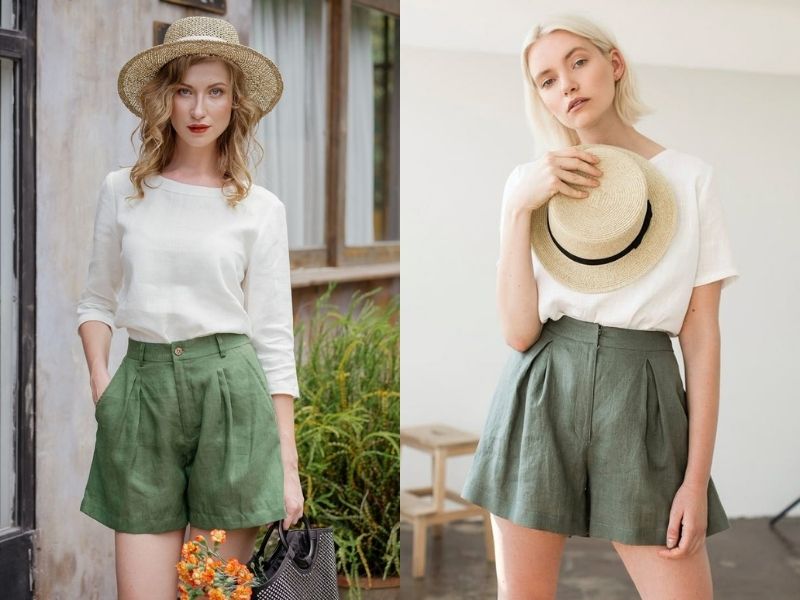 phối quần short xanh lá với áo trắng