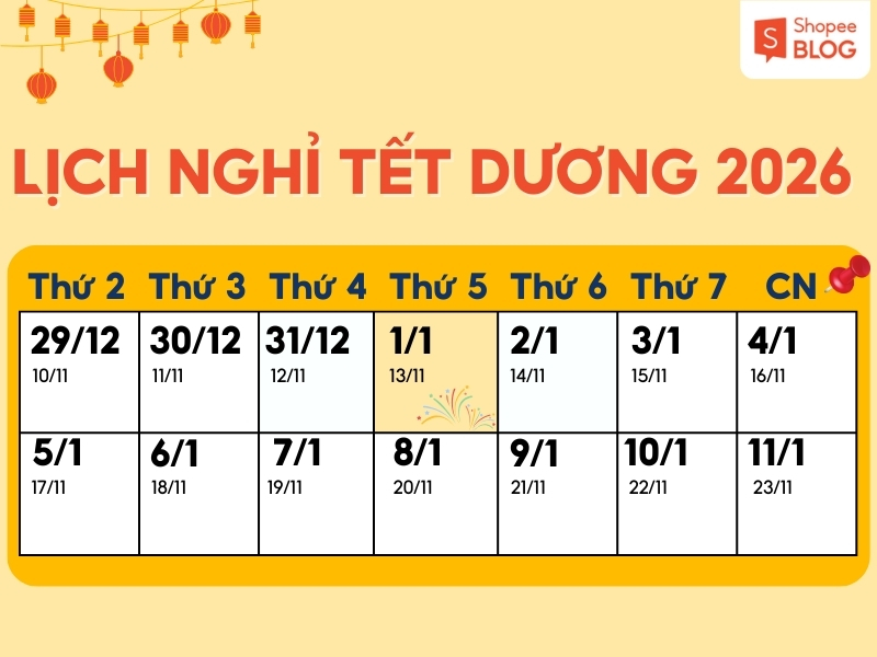 Lịch nghỉ Tết Dương lịch 2026