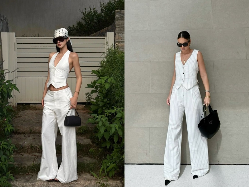 Áo gile phối cùng quần tây trắng