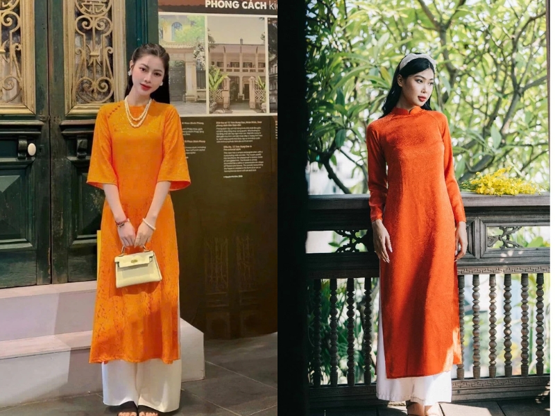 áo dài màu cam phối với quần màu trắng