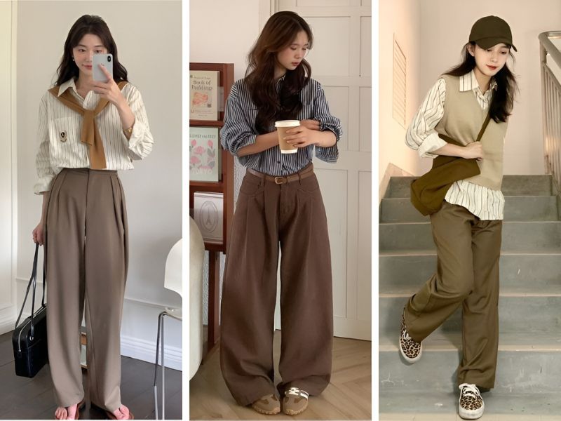 Phối quần màu nâu và áo sơ mi kẻ sọc