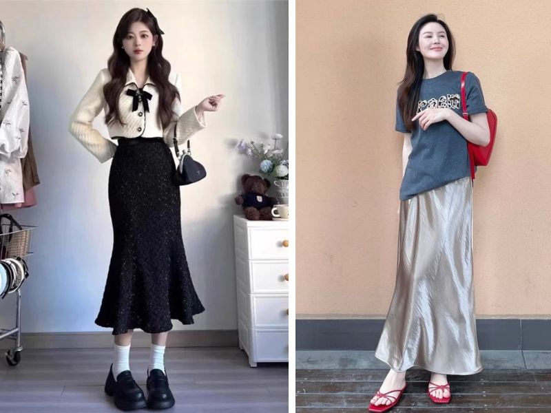 outfit chân váy đuôi cá và giày búp bê hoặc giày sandal