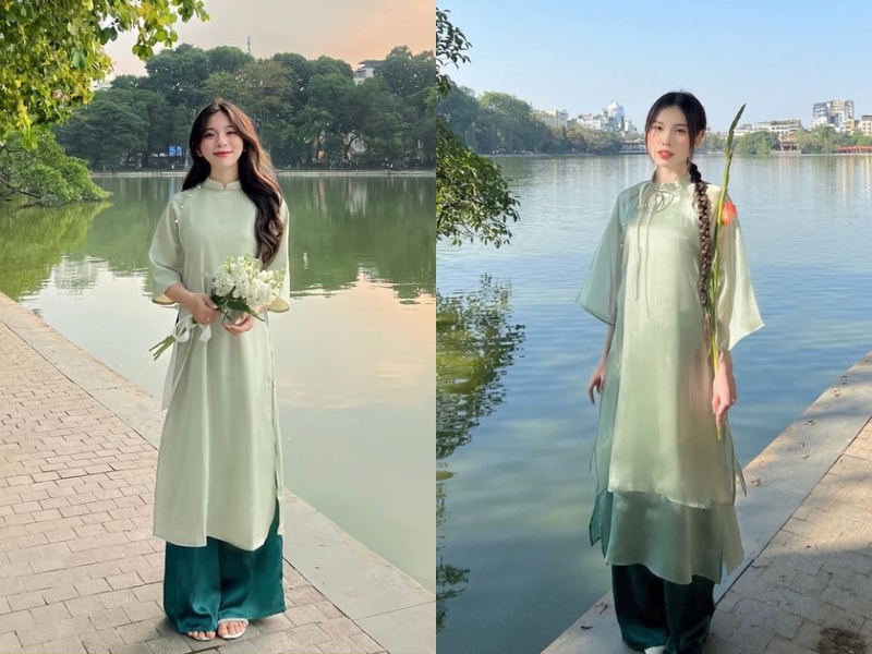 phối áo dài màu xanh ngọc với quần màu xanh đậm