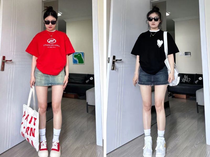 chân váy jean ngắn và áo thun