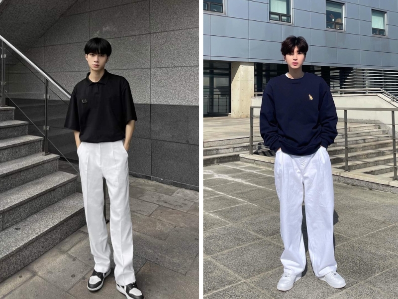 Áo polo đen hoặc áo sweater đen phối quần trắng