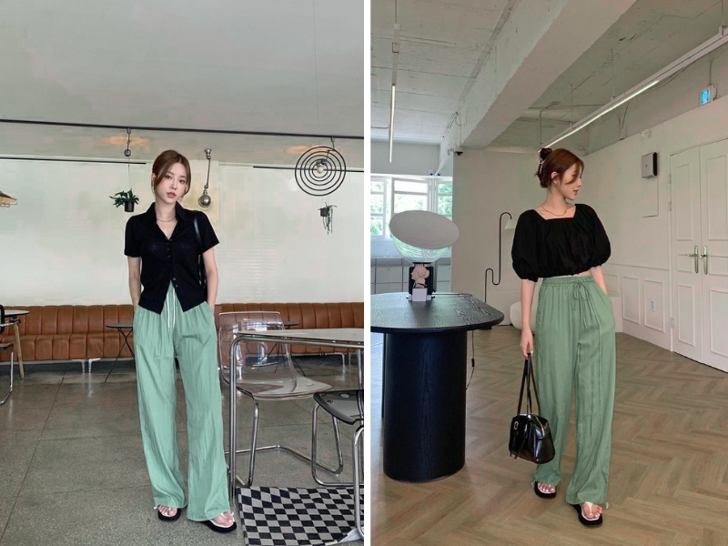 Quần xanh rêu phối áo baby tee hoặc blouse tay phồng màu đen