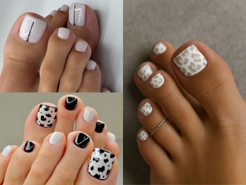 nail chân trắng vẽ họa tiết