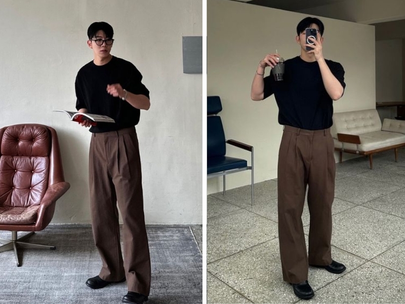 Áo thun đen phối quần âu màu nâu tây nam