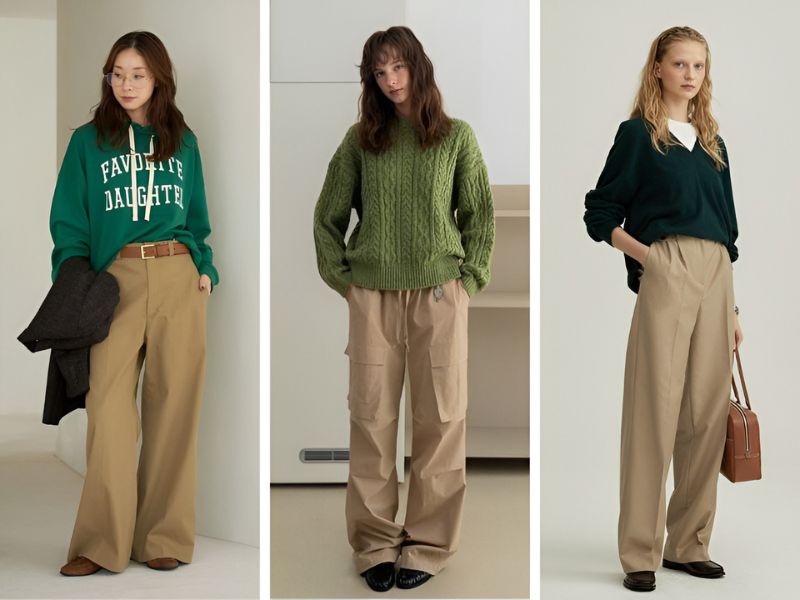 Phối màu xanh lá và màu kaki 