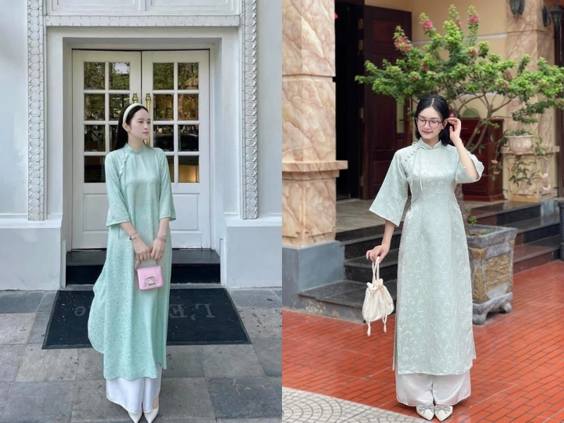 Outfit áo dài xanh ngọc phối quần trắng