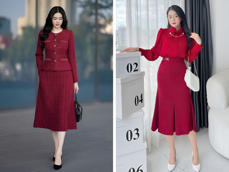 Phối chân váy đỏ theo phong cách monochrome