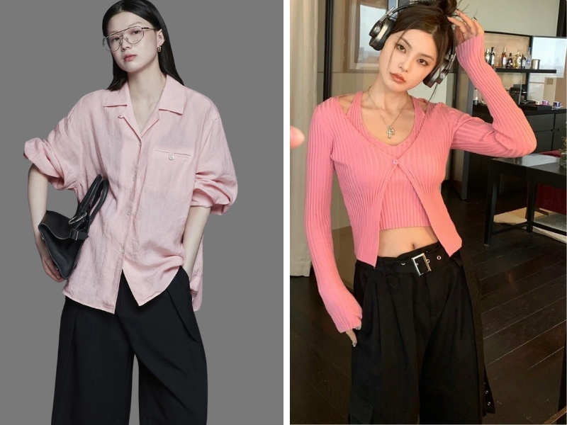 áo sơ mi hồng phối với quần tây đen