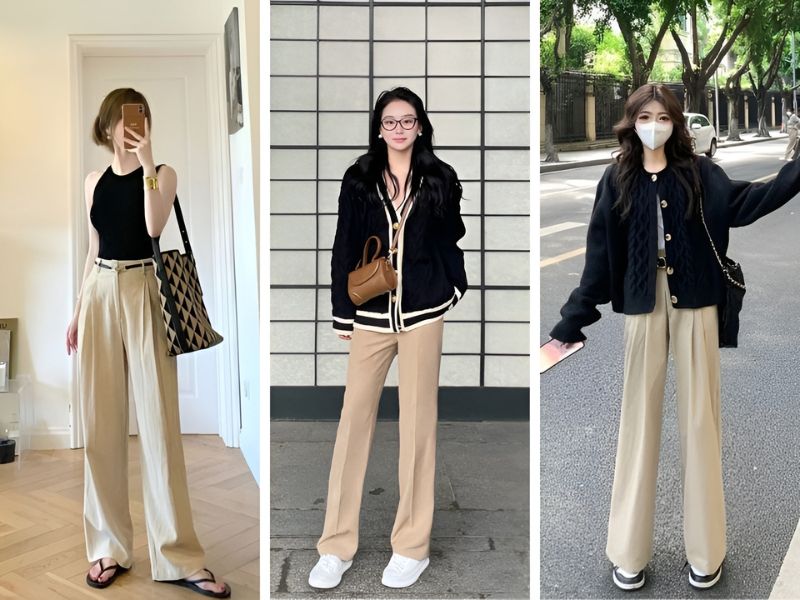 Phối áo màu đen và quần dài màu kem