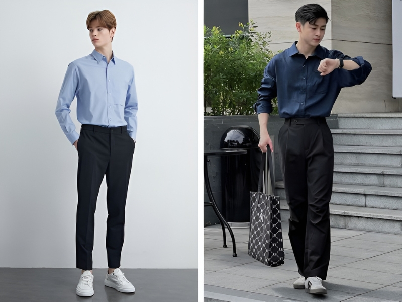 Phối áo sơ mi xanh dương và quần màu đen 