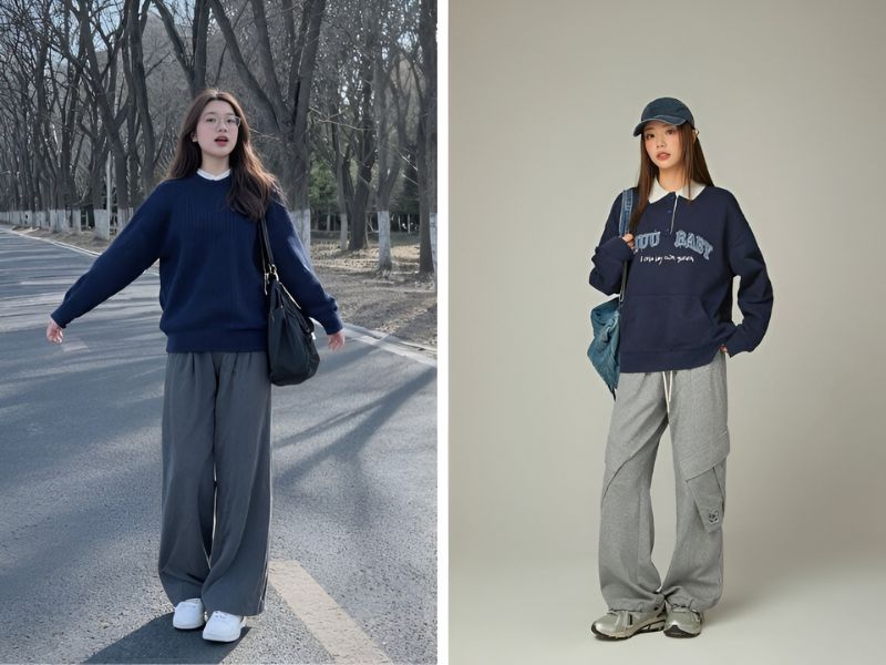Phối áo sweater với quần thun màu xám