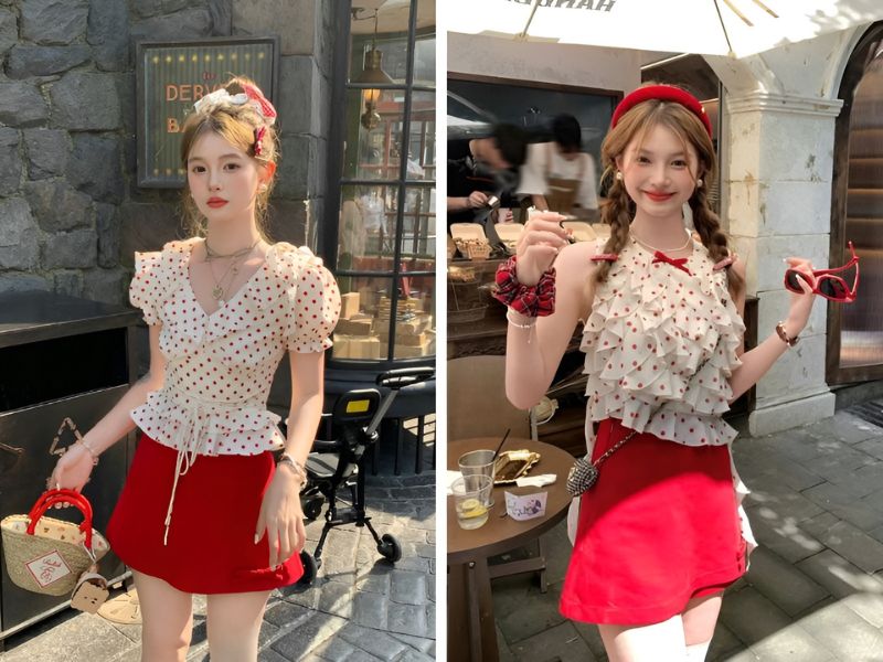 Phối chân váy đỏ và áo chấm bi đỏ