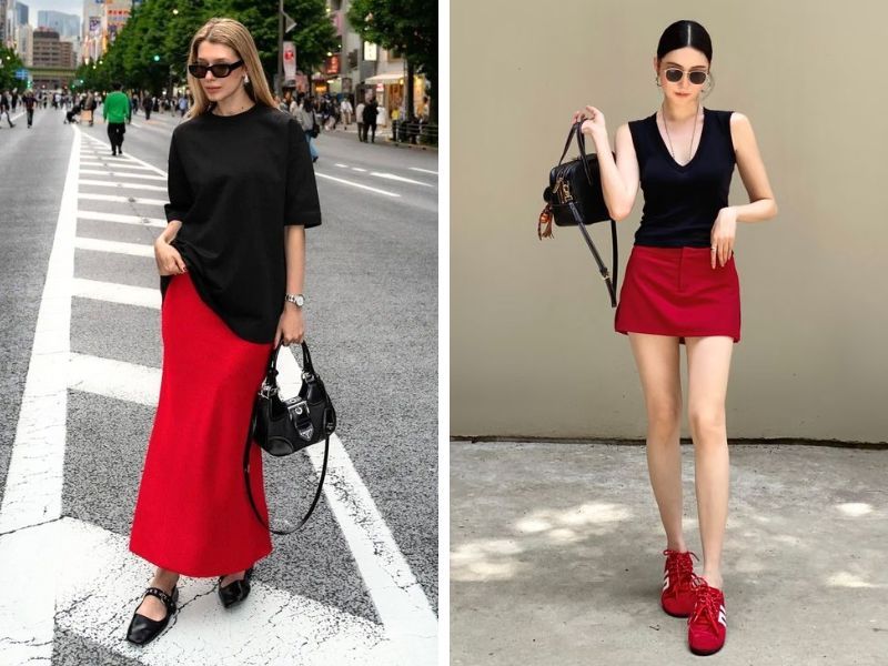 Phối chân váy đỏ và áo đen trơn